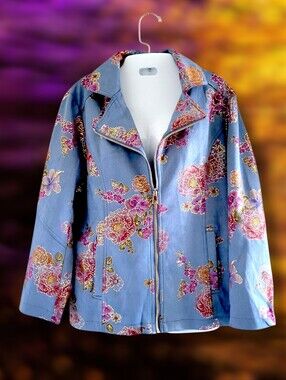 Drapers & Damons | NWOT Blue Faux Suede Floral Moto-Style Jacket (SIZE MP)